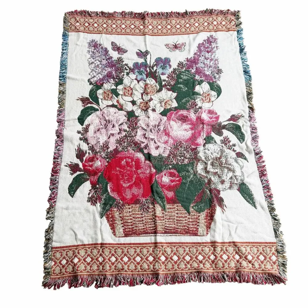 Vintage Shabby Chic Spring Flower Bouquet Woven Tapestry Fringed Throw Blanket